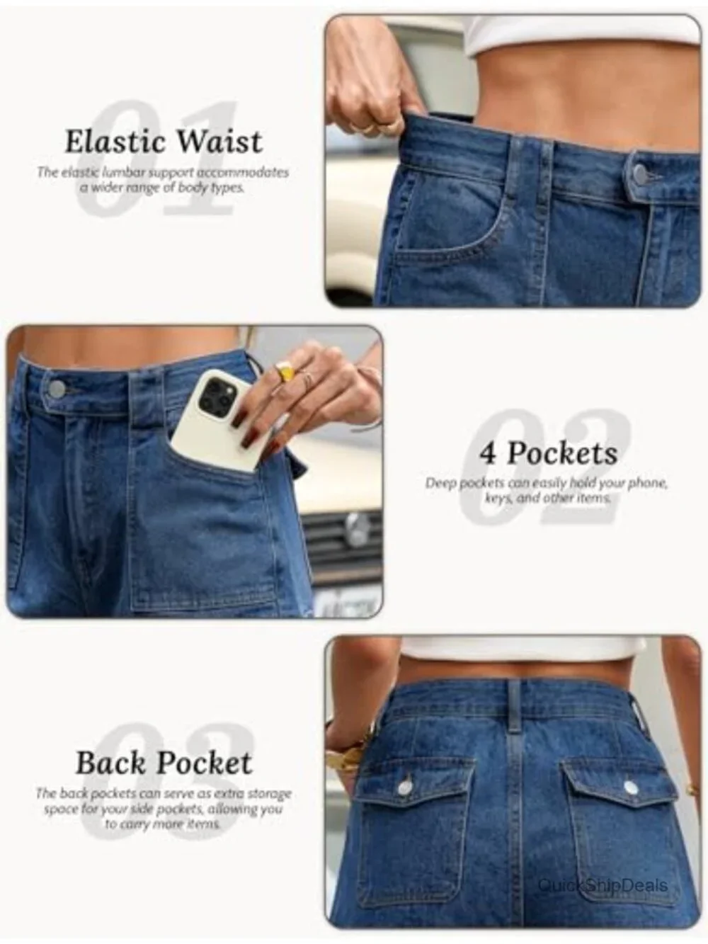 High Waisted Cotton Denim Cargo Bermuda Shorts with 6 Pockets
